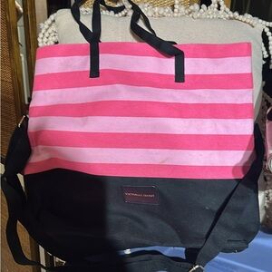 Victoria's Secret Pink and Black Tote Bag with Bold Stripes